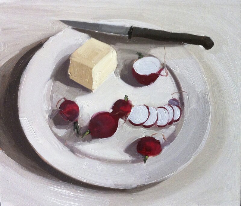 Carrie Mae Smith, ‘Radishes, butter and knife on a plate’, 2023, Painting, Oil on Panel, March