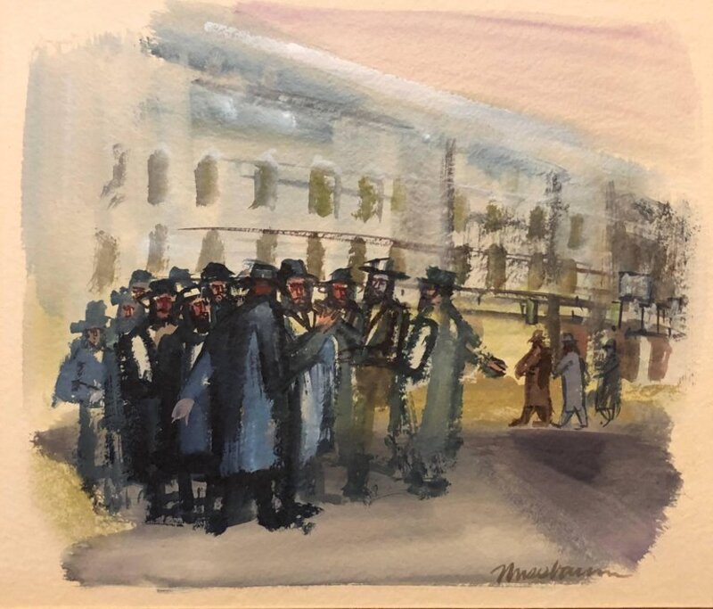 Ervin B. Nussbaum, ‘Modernist American Judaica Painting Jewish Men Outside Synagogue Eastern Parkway’, 1970-1979, Painting, Gouache, Lions Gallery