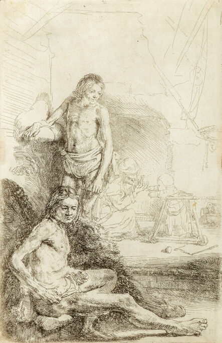 Rembrandt van Rijn, ‘Nude Man Seated and Another Standing with a Woman and a Baby’, ca. 1646