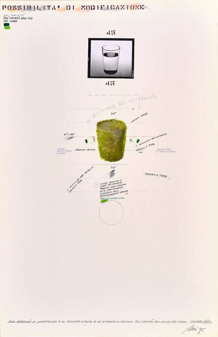 Fabrizio Plessi, ‘Sulla possibilità di modificazione di un bicchiere di acqua in un bicchiere di muschio. Sull'umidità del lavoro nei campi. Progetto 1423’, 1975