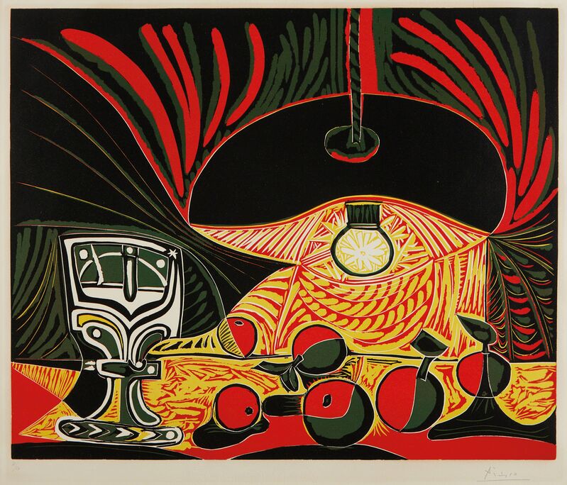 Pablo Picasso, ‘Nature morte au verre sous la lampe (Still Life with Glass under the Lamp)’, 1962, Print, Linocut in colors, on Arches paper, with full margins, the colors fresh, Phillips