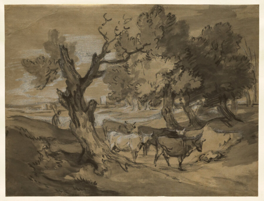 Landscape with Herdsman Driving Cows and Distant Buildings