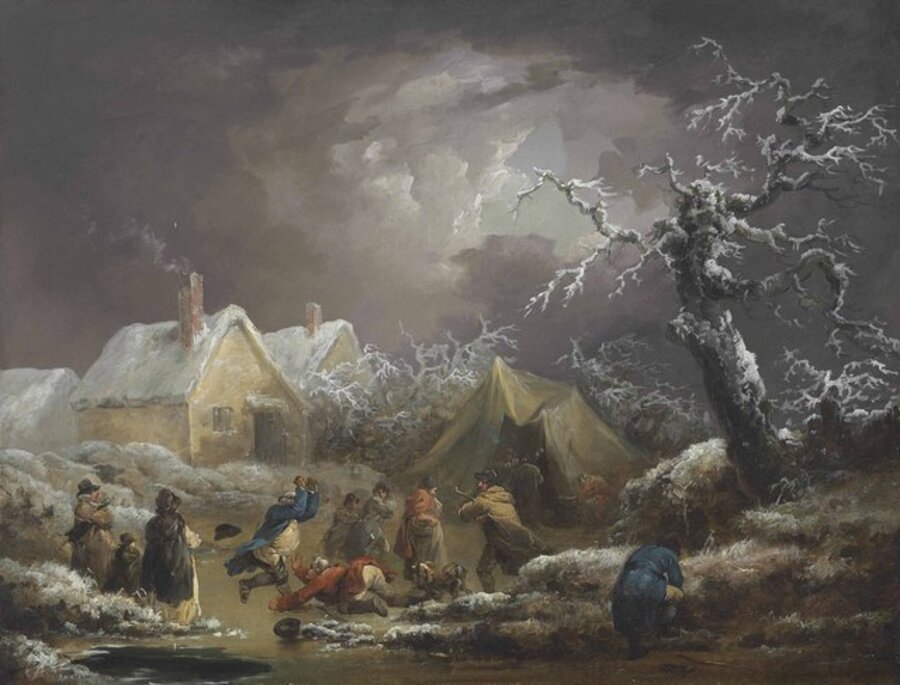 A winter landscape with figures skating and a man falling on a frozen waterway