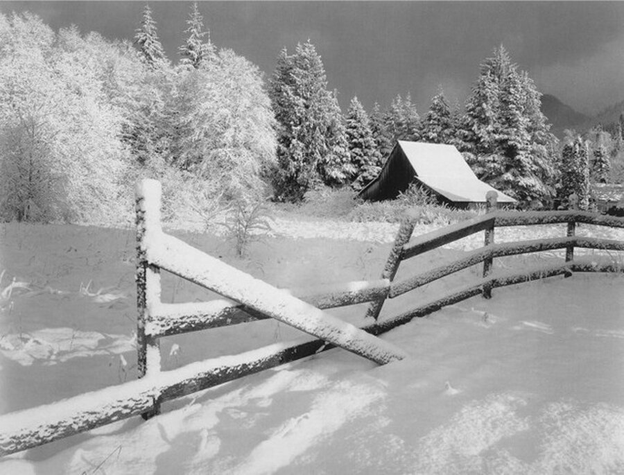 Fence and Barn, Winter Sunset