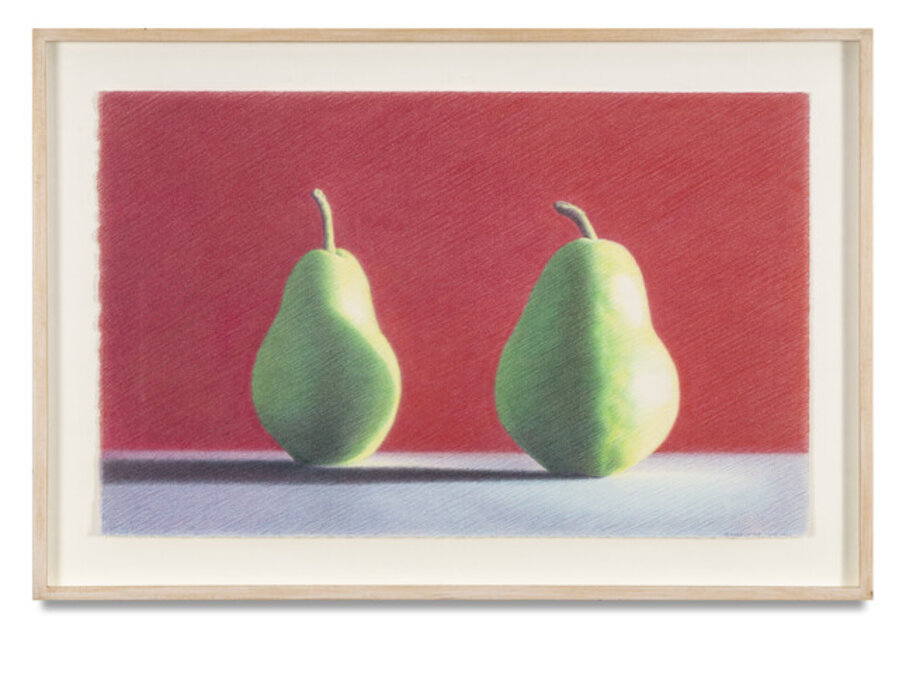 Two Tall Green Pears with Red Background
