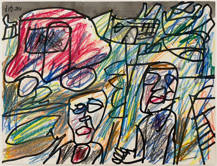 Paysage a l'automobile rouge (avec 2 personnages mi-corps)