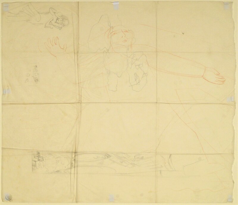 Stanley Spencer, ‘Figure study and other sketches on tracing paper’, Drawing, Collage or other Work on Paper, Pencil and red coloured pencil on tracing paper, Roseberys
