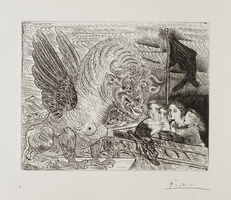 Pablo Picasso, ‘Harpye à tête de Taureau, et quatre petites Filles sur une Tour surmontée d'un Drapeau noir’, 1931, Other, Etching, Frederick Mulder