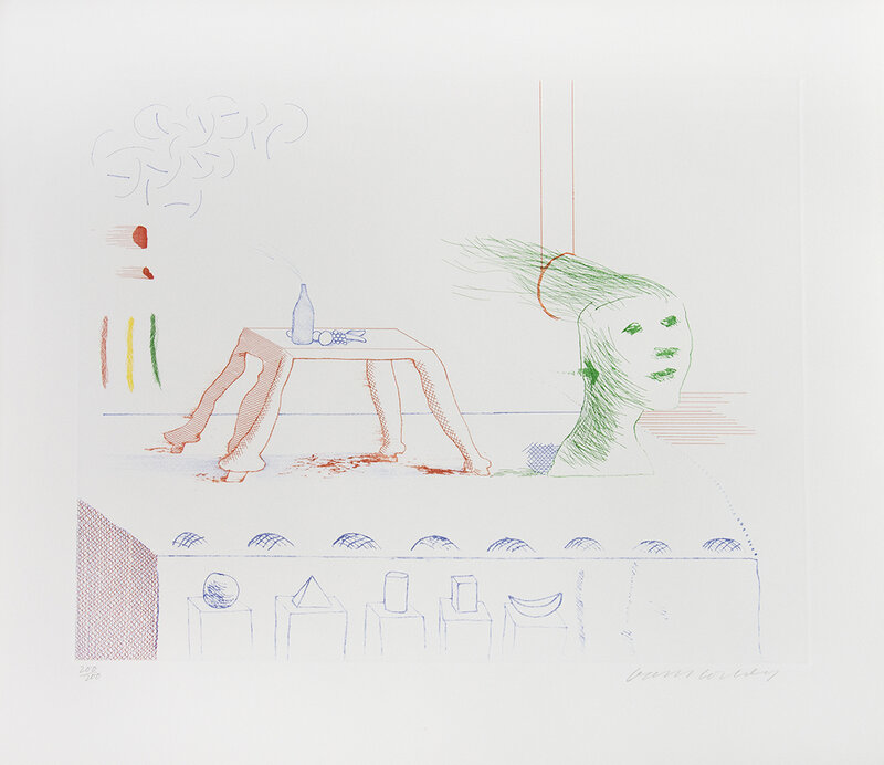 David Hockney, ‘A Moving Still Life, from the 'Blue Guitar' portfolio’, 1977, Print, Etching printed in colour on Inveresk mould-made paper, Shapero Modern