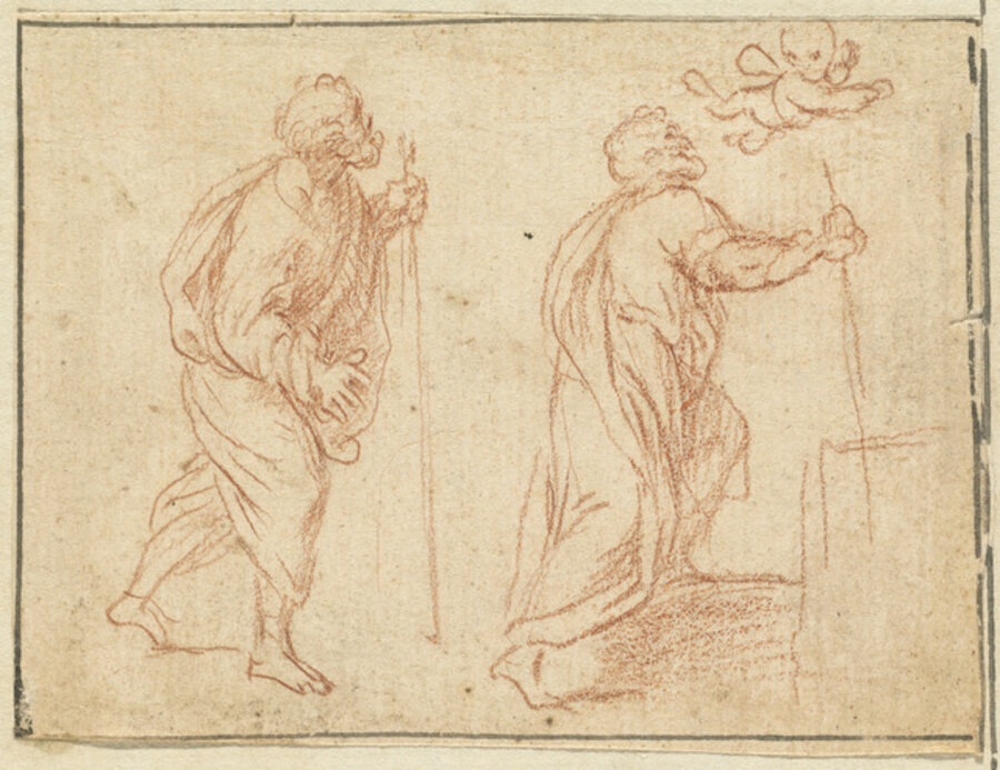 A Cherub Pointing the Way for Two Biblical Figures