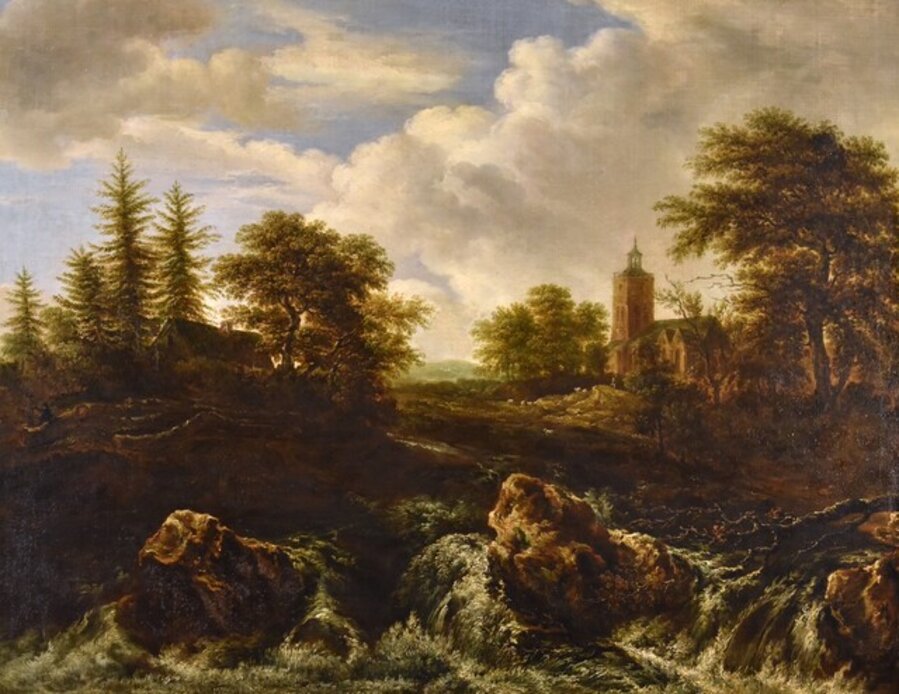 Wooded Landscape Waterfall 17th Century Paint Oil on canvas Old master Flemish school