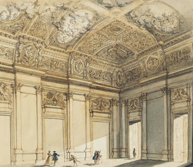 Francesco Panini, ‘The interior of a palace’, Drawing, Collage or other Work on Paper, Pen and brown ink, grey and brown wash, touches of bodycolor, watermark crowned shield with letters honig, Christie's Old Masters 