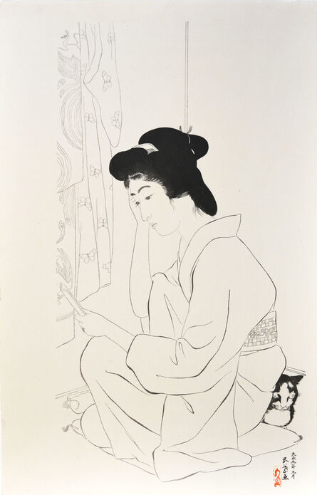 Goyo Hashiguchi, ‘Woman with Pocket Mirror and Cat’, ca. 1949