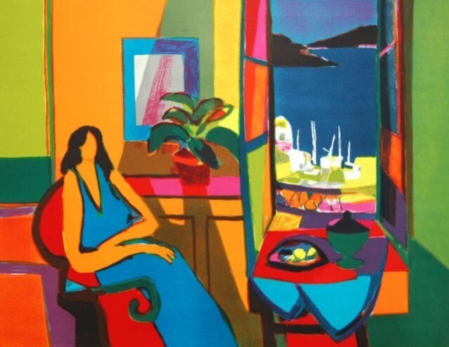 Femme, bleu, grec, fenêtre (Woman in blue greek window)