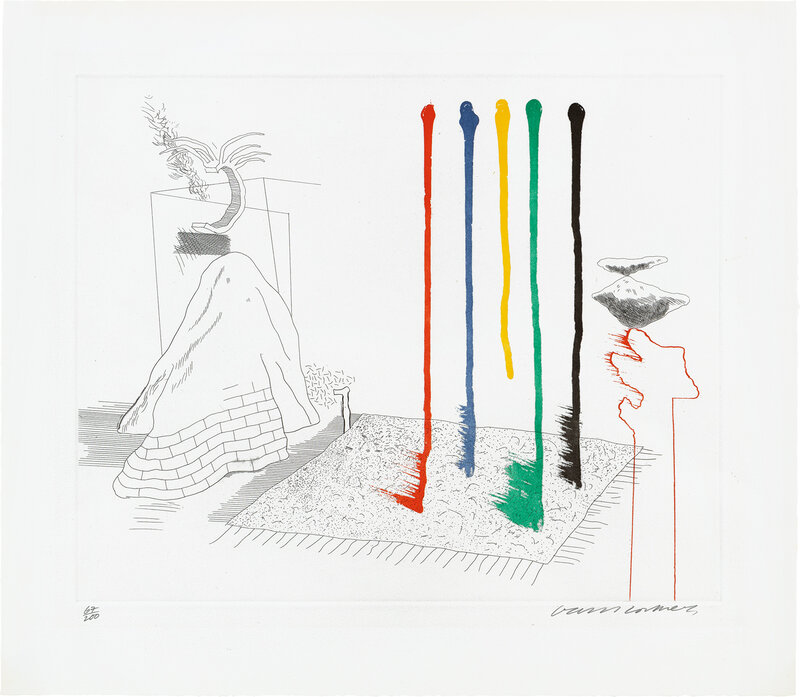 David Hockney, ‘I Say They Are, plate 16 from The Blue Guitar (S.A.C 214, M.C.A.T. 193)’, 1976-77, Print, Etching and aquatint in colours, on Inveresk mould-made paper, with full margins., Phillips