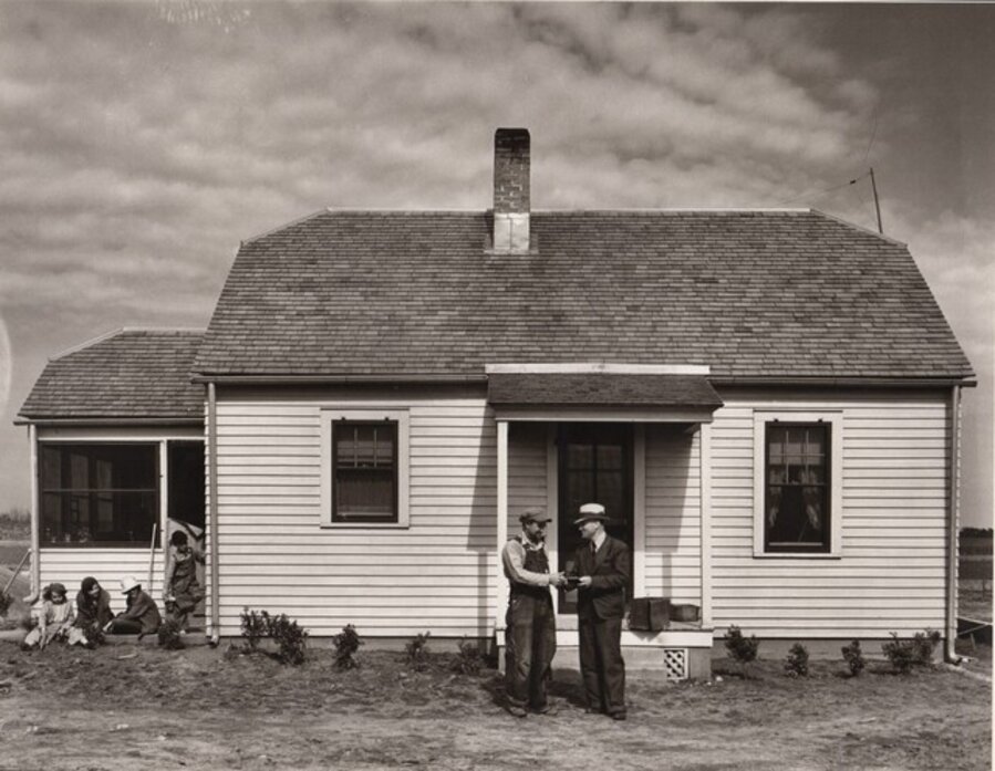 Federal Resettlement Official with Farmer at His New House. Fall City Farmstead, Nebraska