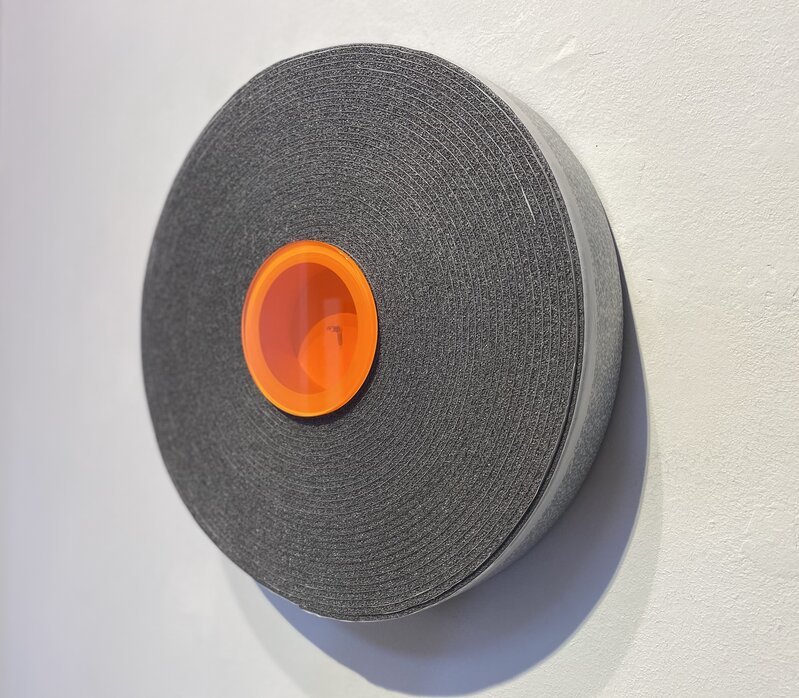 Nicolo' Baraggioli, ‘O>C v.20’, 2020, Installation, 20 meters of biadhesive grey polyethylene with insert of orange plexiglass in the middle, Sebastian Fath Contemporary 