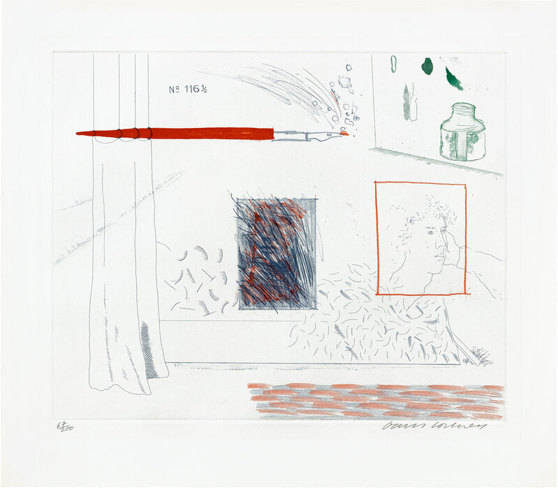 David Hockney, ‘Etching is the Subject, plate 14 from The Blue Guitar (S.A.C. 212, M.C.A.T. 191)’, 1976-77, Print, Etching and aquatint in colours, on Inveresk mould-made paper, with full margins., Phillips