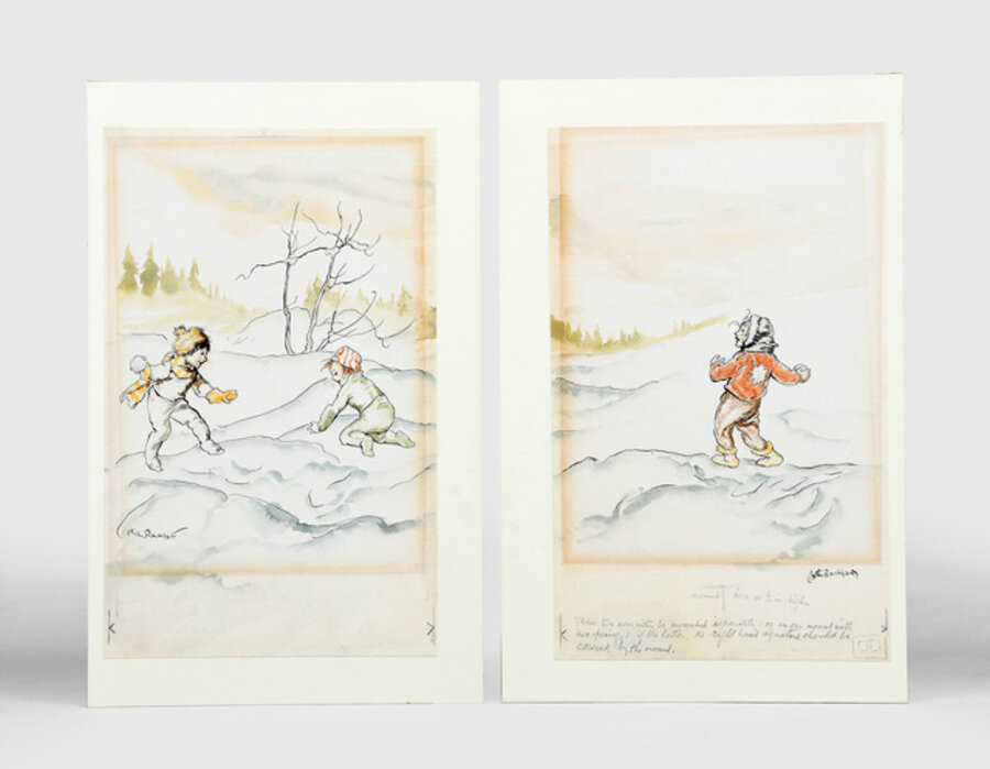 Three children snowballing.