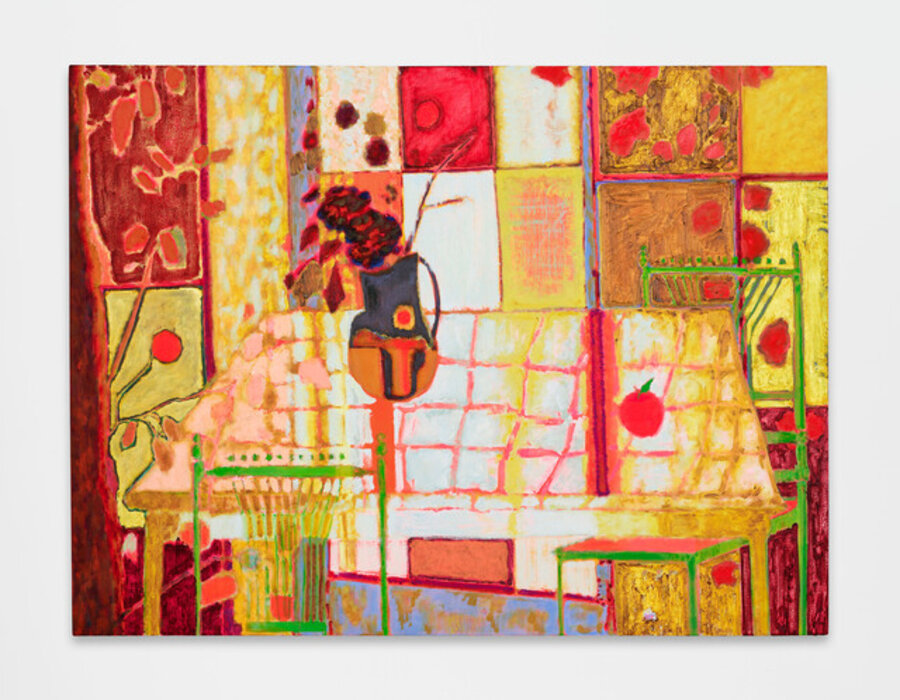s/heness paints a floral still life in a green house