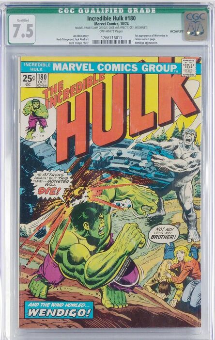 ‘Incredible Hulk issue #180, 1st cameo appearance of Wolverine, CGC Qualified grade 7.5’, 1974