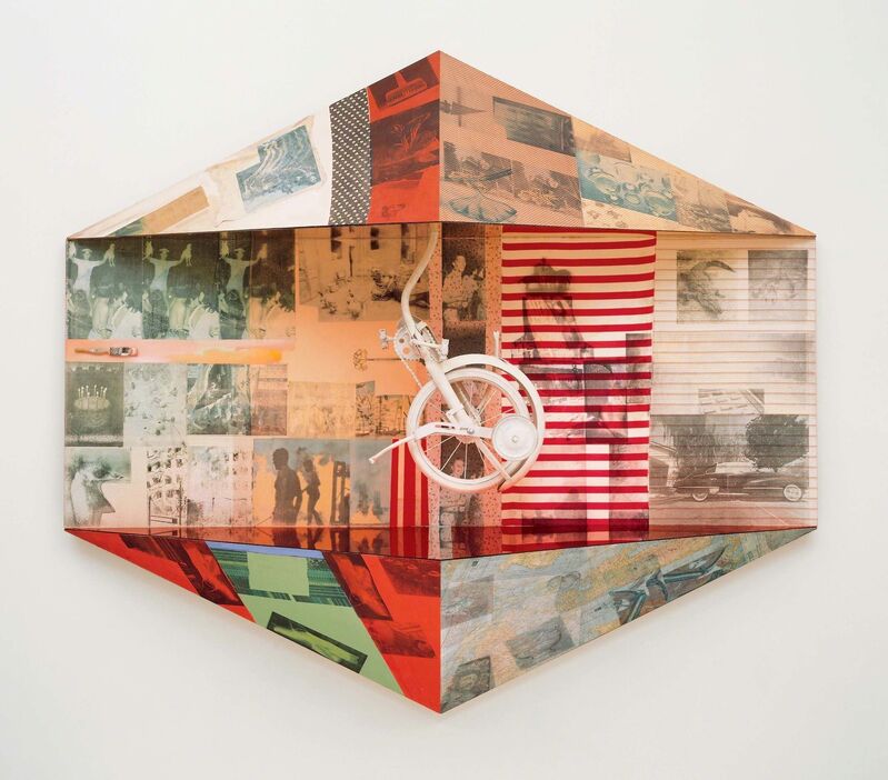 Robert Rauschenberg, ‘Miter I (Scale)’, 1980, Solvent transfer, fabric and paper collage, acrylic, and mirrored panels with paintbrush and painted bicycle part on wood support, Robert Rauschenberg Foundation