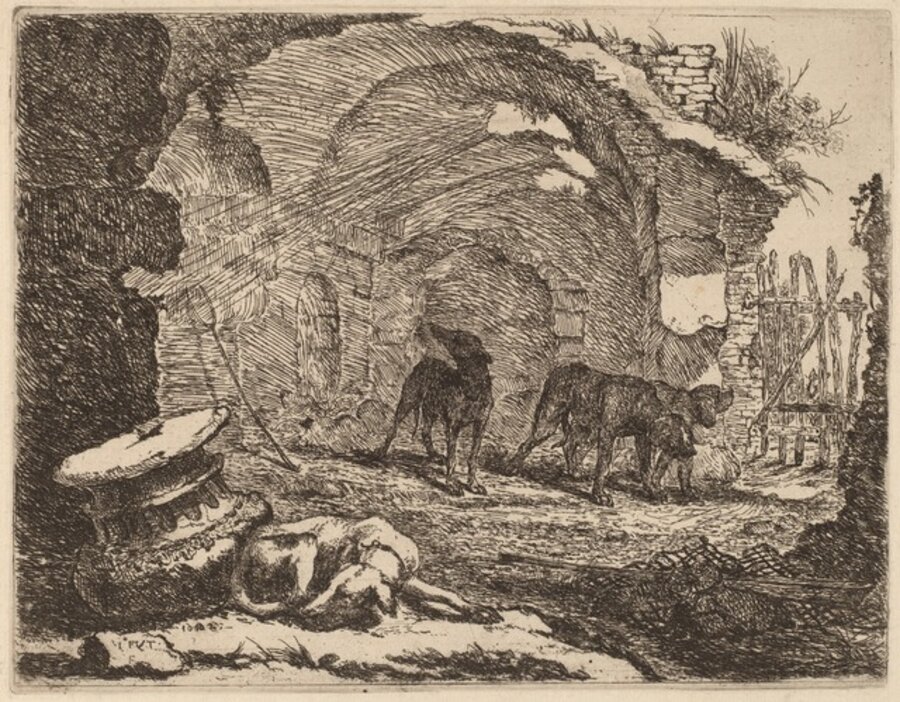 Four Dogs, One Sleeping beside a Capital