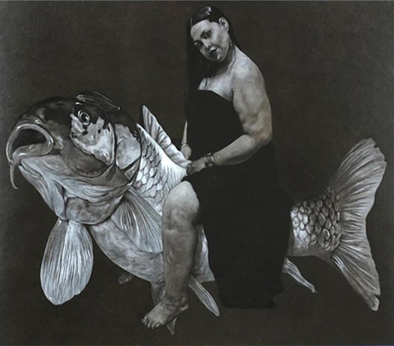 Ahmad Saber, ‘Woman & Fish’, 2020, Drawing, Collage or other Work on Paper, Charcoal on Paper, JM Art Management