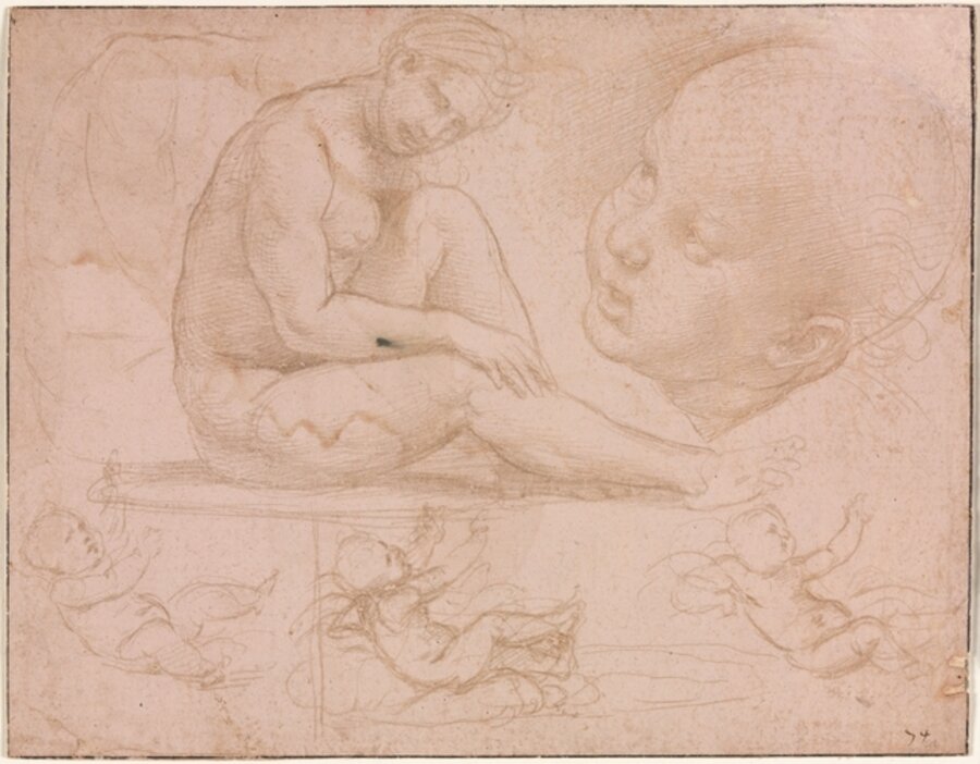 Studies of a Seated Female, Child's Head, and Three Studies of a Baby