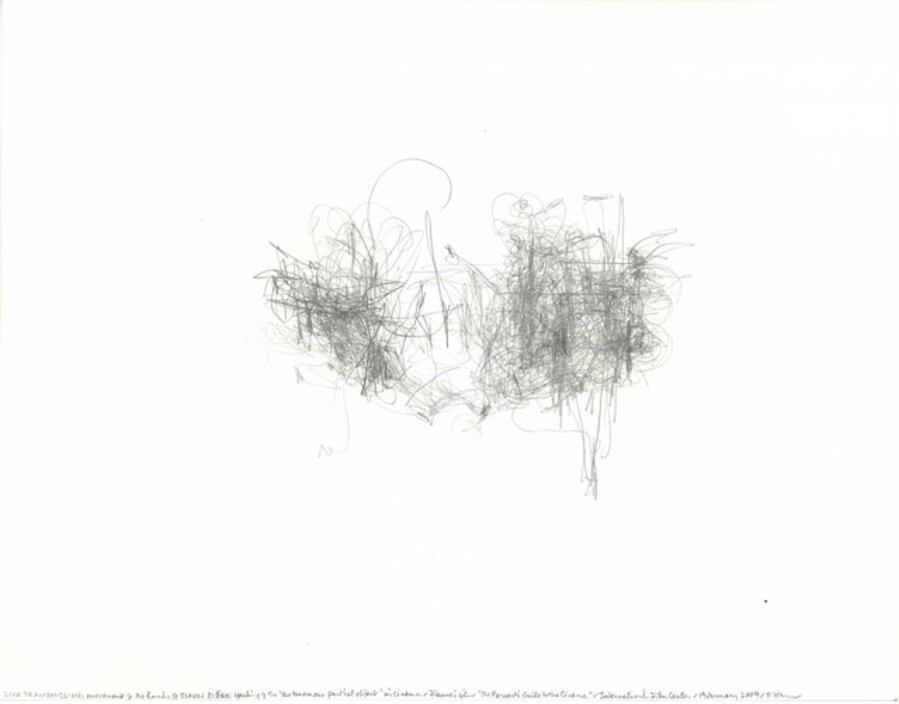 Morgan O’Hara’s signature LIVE TRANSMISSION PERFORMATIVE drawing: time/space coordinates: movement of the hands of SLAVOJ ZIŽEK speaking of the “autonomous partial object” in cinema / Fienne’s film The Pervert’s Guide to the Cinema / International Film Center / 19 January 2009