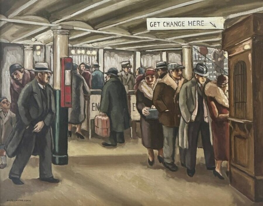 Get Change Here - American Modernism Scene WPA Mid-Century Realism NYC Cityscape