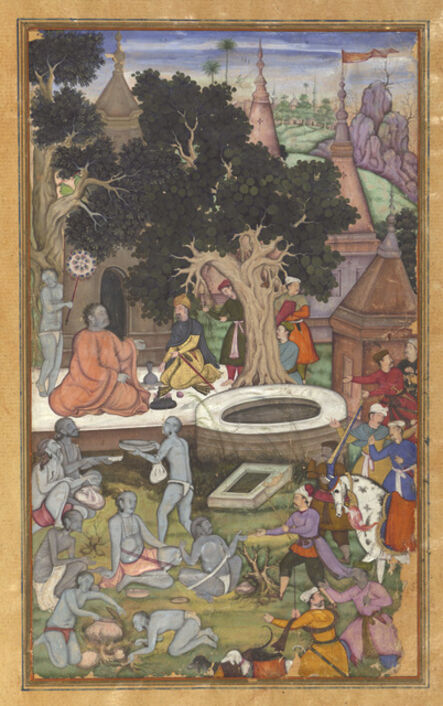 ‘Babur and his retinue visiting Gor Khatri, page 22b from a manuscript of Baburnama (The Book of Babur)’, 1590s