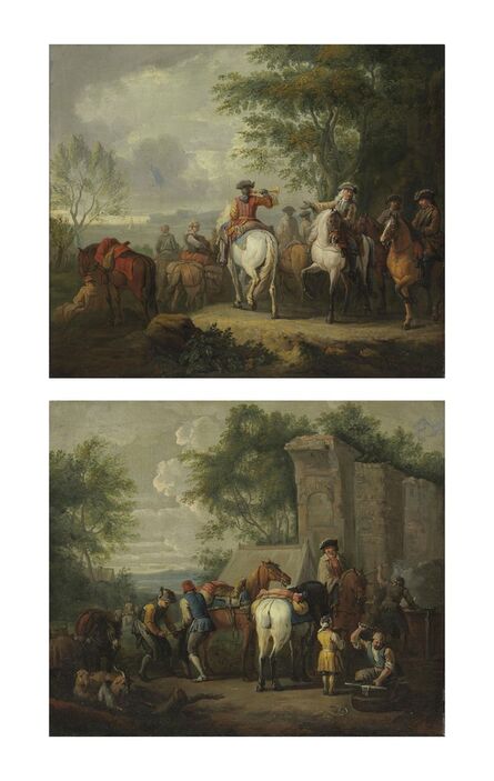 Pieter van Bloemen, called Lo Stendardo, ‘Cavaliers setting off on a journey; and A military blacksmith shoeing horses by a ruin’