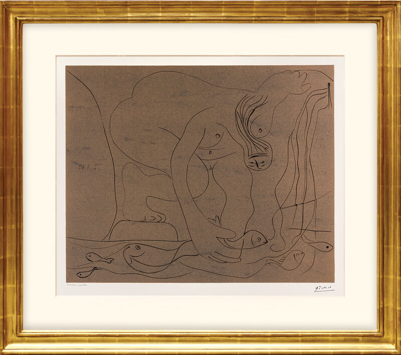 Pablo Picasso, ‘Femme nue pêchant des truites à la main. (Nude Woman Fishing for Trout by Hand.)’, 1962, Print, Linocut in ochre over black on vélin d’Arches watermarked wove paper., Peter Harrington Gallery