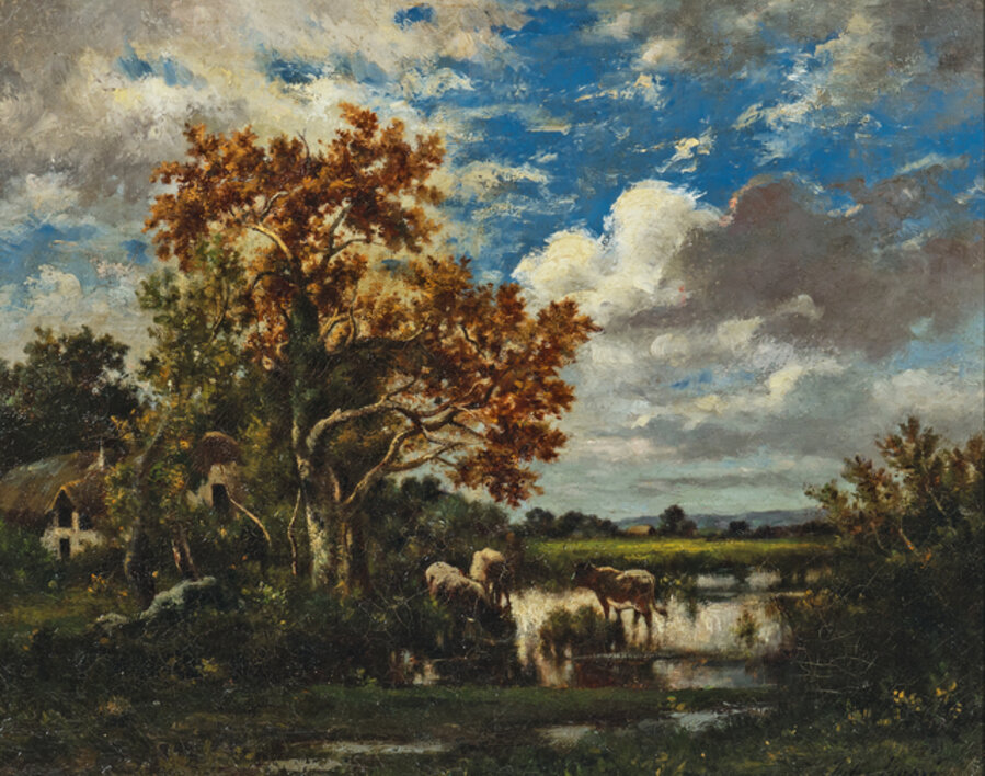 Early Autumn Landscape with Cows Watering