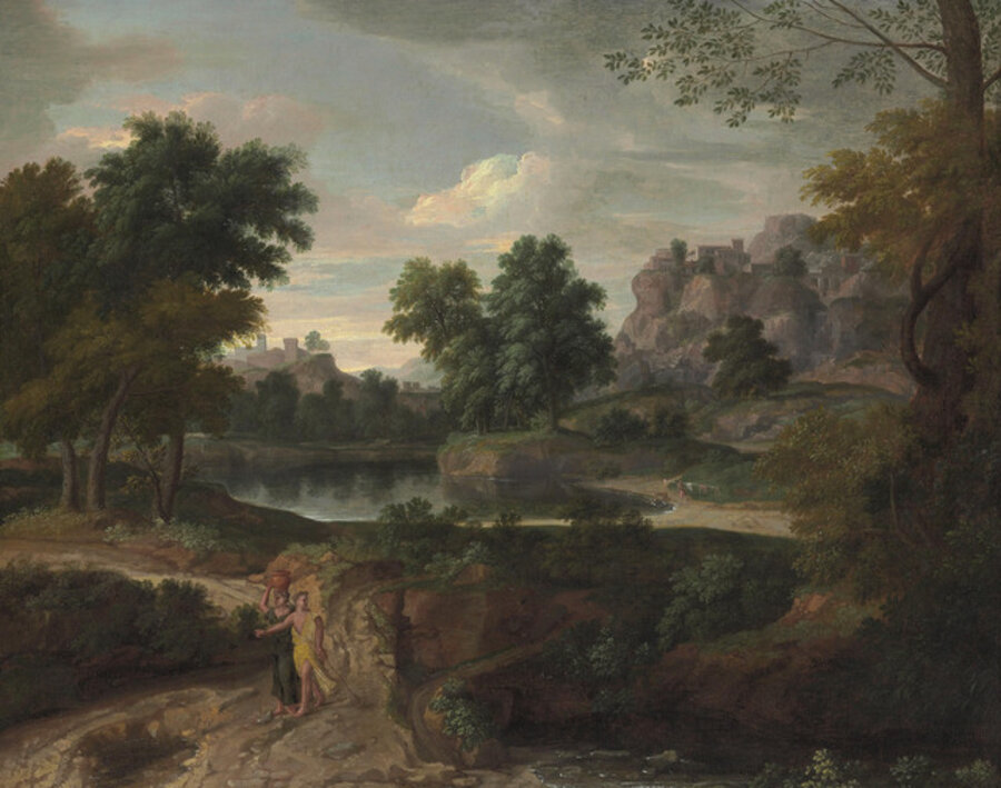Two figures on a path in a wooded classical landscape, buildings and a pool of water beyond