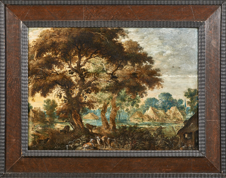 Untitled (wooded landscape with animals)