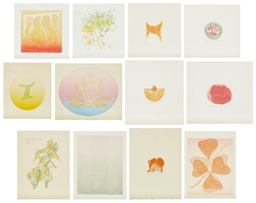 A collection of twelve colour etchings