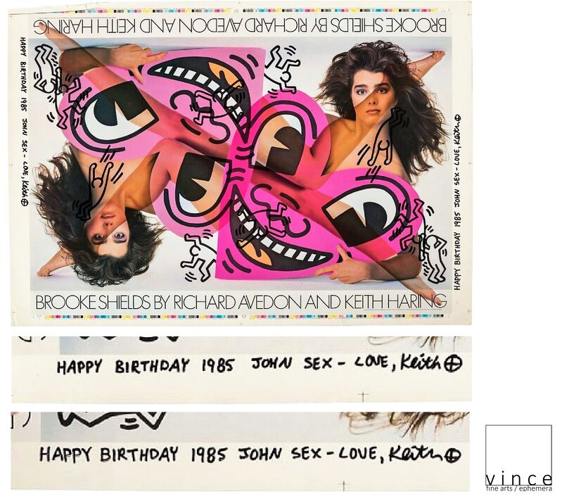 Keith Haring, ‘""HAPPY BIRTHDAY 1985 JOHN SEX- LOVE, KEITH", Brooke Shields by Richard Avedon and Keith", 1985,  TEST Poster, SIGNED / DATED / INSCRIBED to John SEX (twice), UNIQUE’, 1985, Print, Lithograph on paper, VINCE fine arts/ephemera