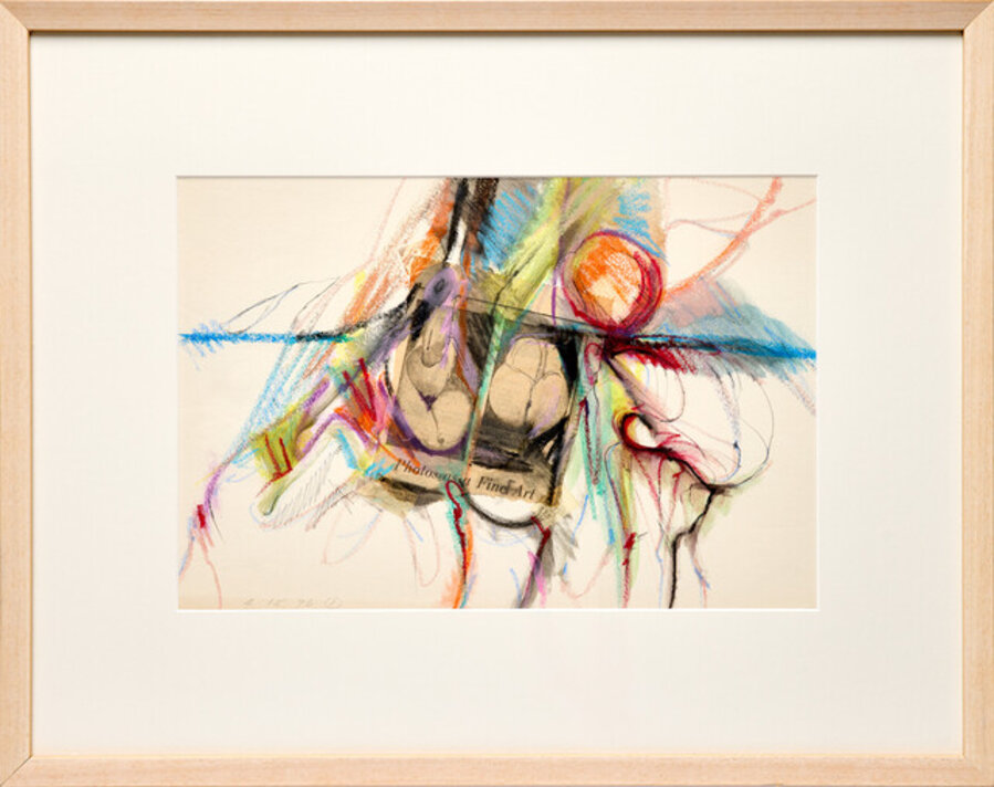 Vibrant Oil Pastel and Collage Work on Paper by Paul Reed; Hues of Blues, Reds, and Greens