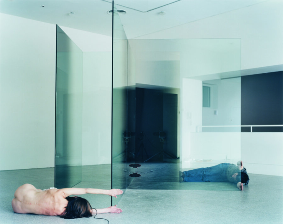 Photo performance no.23 with Larry Bell sculpture and artist Lewis Amar