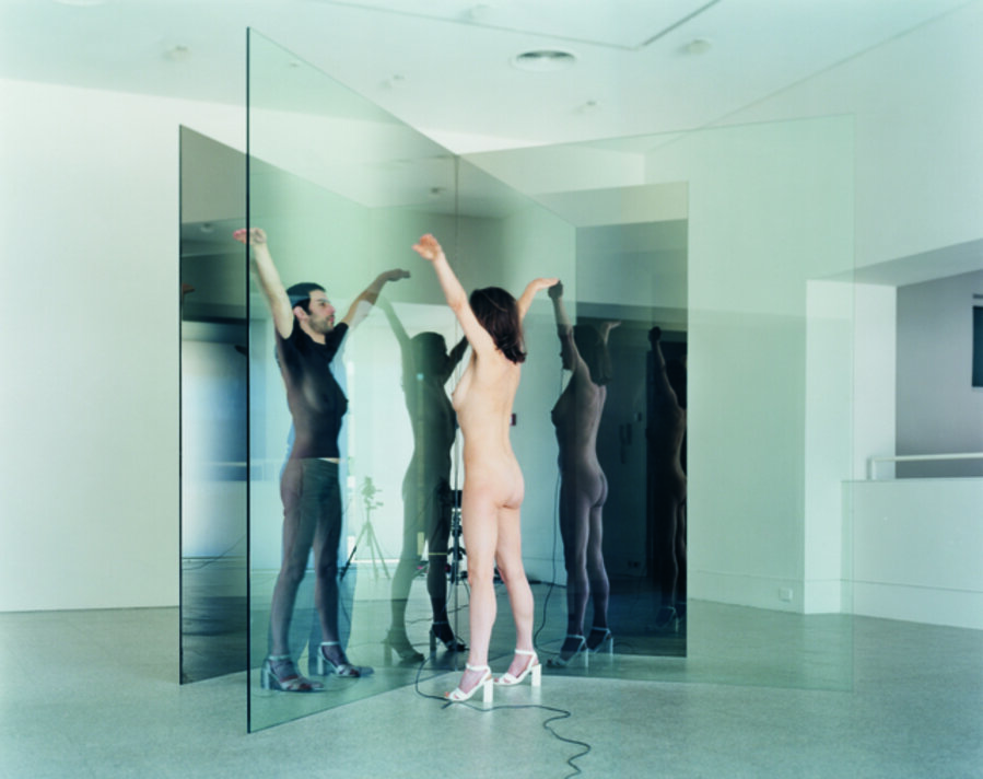 Photo performance no.23 with Larry Bell sculpture and artist Lewis Amar