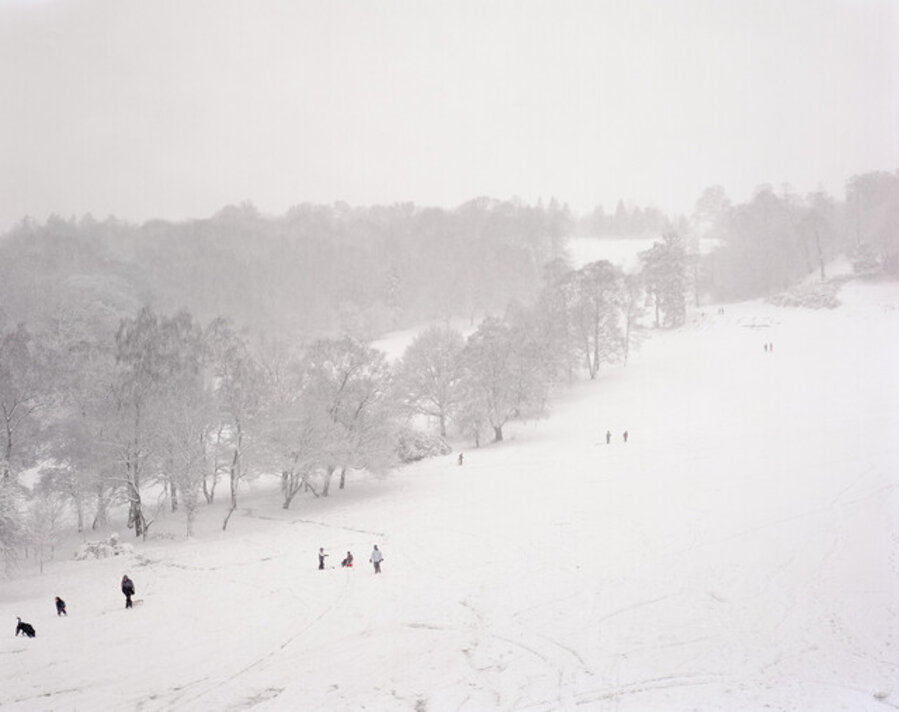 Tobogganing on the seventeenth hole, Tandridge Golf Course, Surrey, England