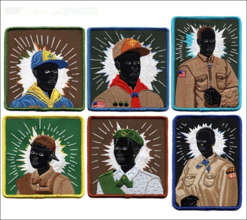 Kerry James Marshall, ‘Set of Six (Six) Scout Series Embroidered Patches’, 2017, Textile Arts, Rayon thread on poly twill backed embroidered patches, set of six. brand new in original museum packaging., Alpha 137 Gallery Gallery Auction