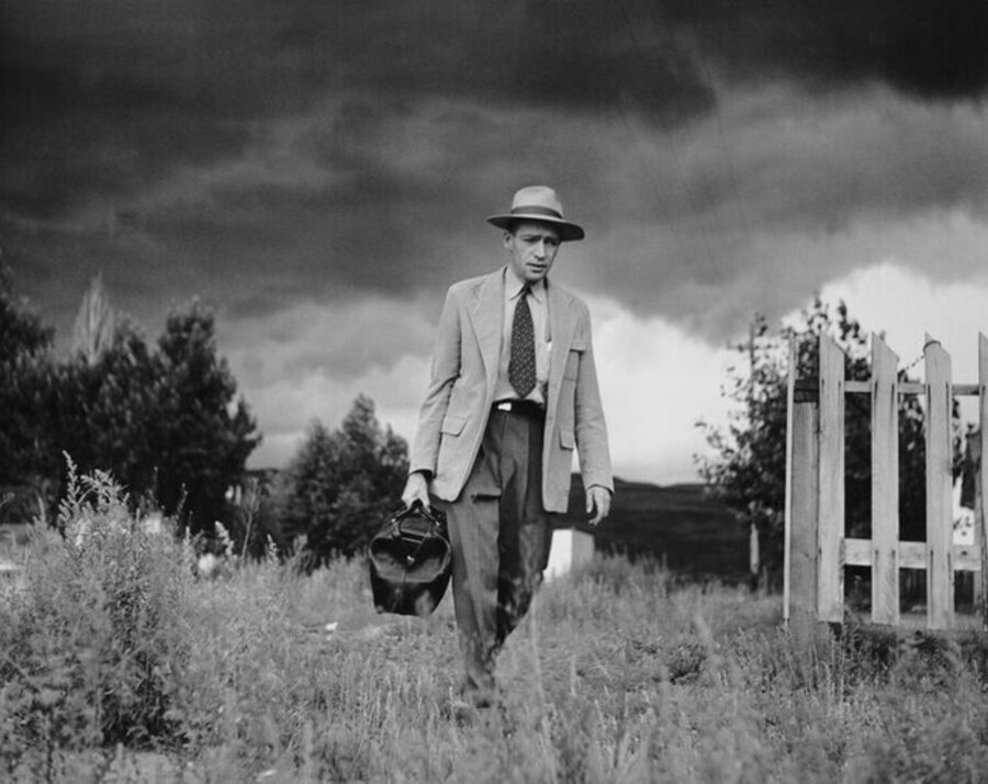 Dr. Ernest Guy Ceriani, a country doctor (aged 32), going to visit his patients in their remote villages. Kremmling, Colorado, USA.