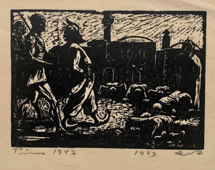 1943 Israeli German Expressionist Woodcut Print Vintage Woodblock Bezalel School