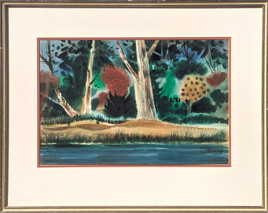 Modern Red, Yellow, Green, & Blue Abstract Forest Landscape Watercolor Painting