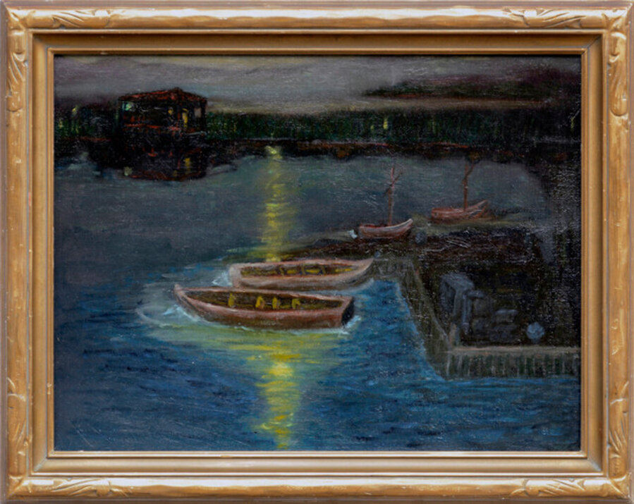 Moonlit Houseboats at Greenbrae Lagoon- Rare Nocturnal L/S, Charles Rollo Peters