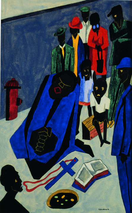 Jacob Lawrence, ‘In the evening evangelists preach and sing on street corners’, 1943