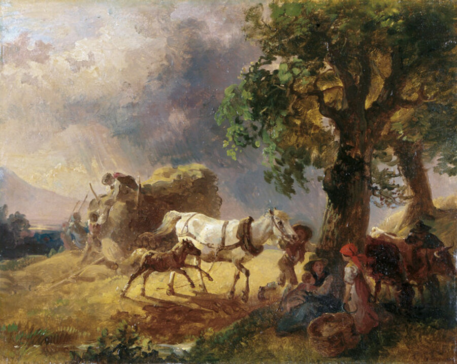 Small grain wagon with horse and foal during approaching thunderstorm